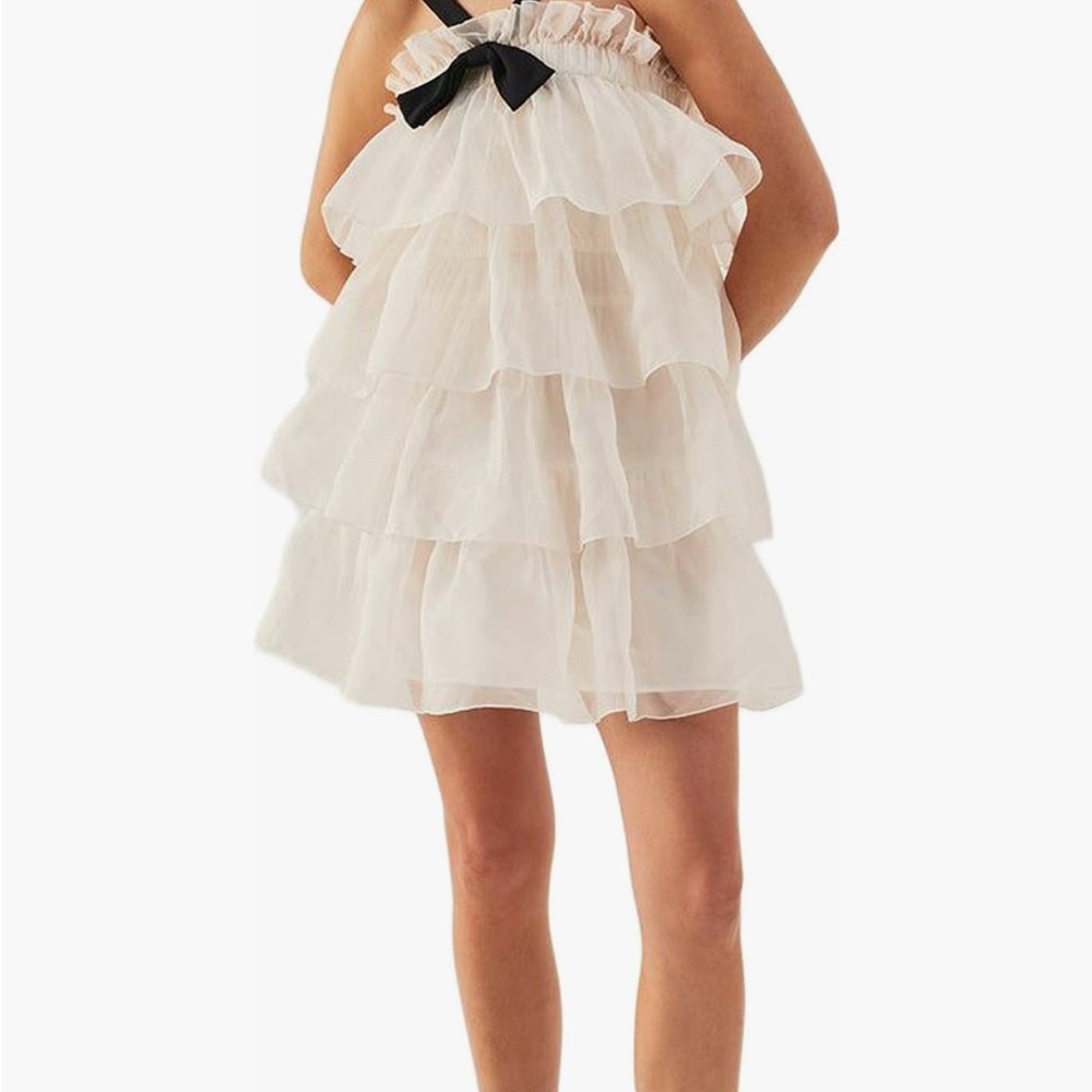 NWT Tiered Ruffles 100% Silk Organza Mini Dress with Black Bow
